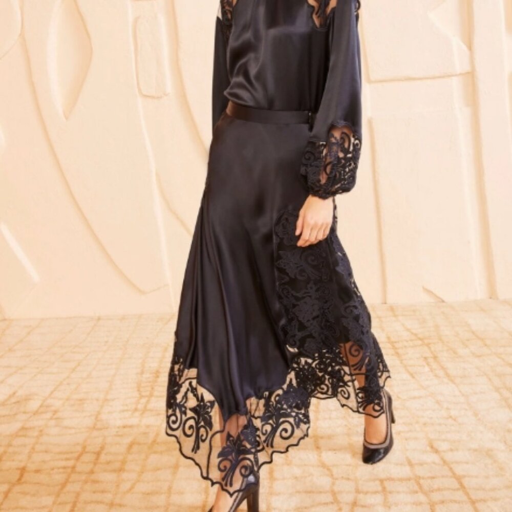 Black Lace-Trim Satin Maxi Skirt - Picture 4 of 8